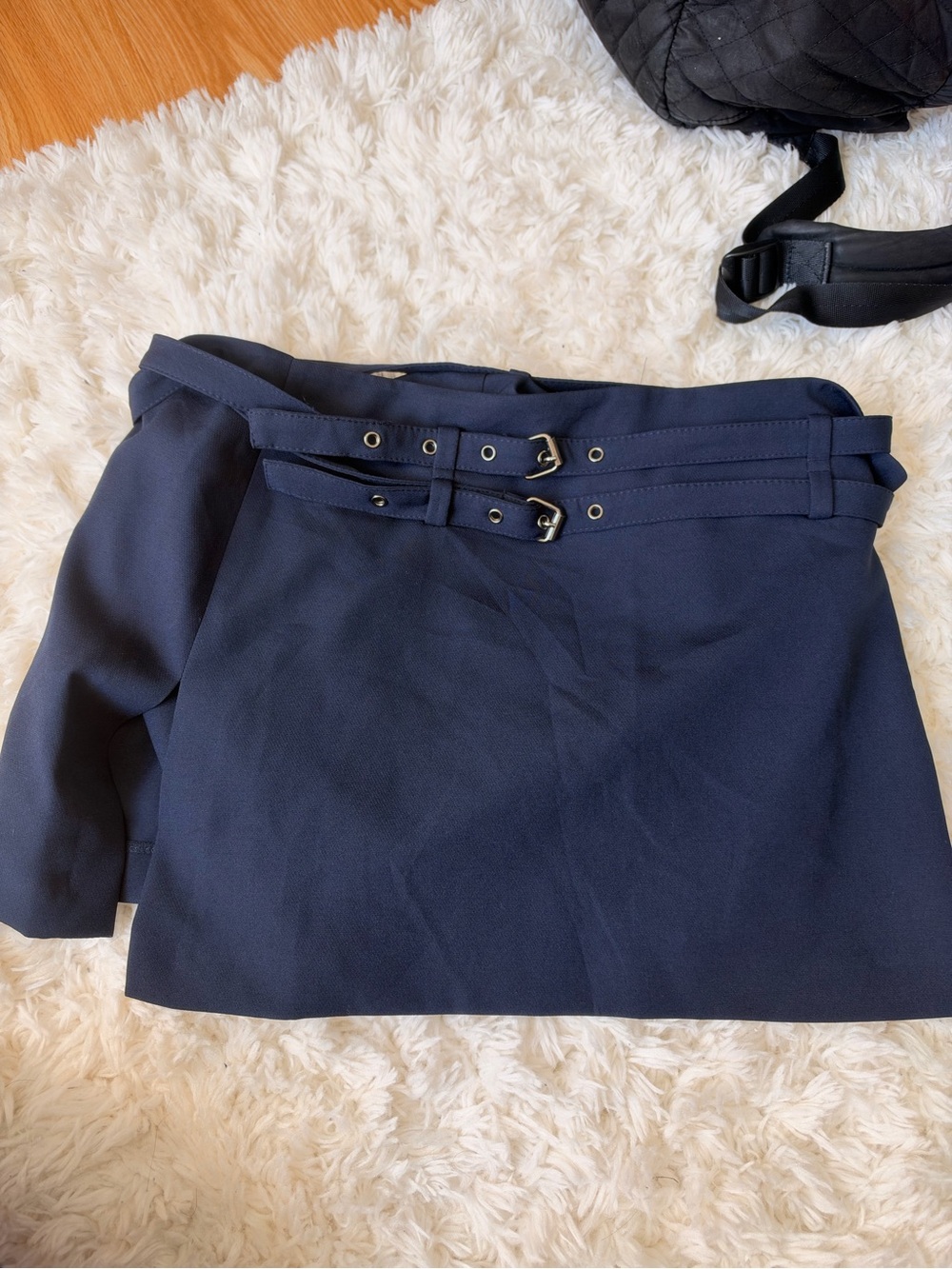 Maeve Navy Double-Strap Mini Skirt
